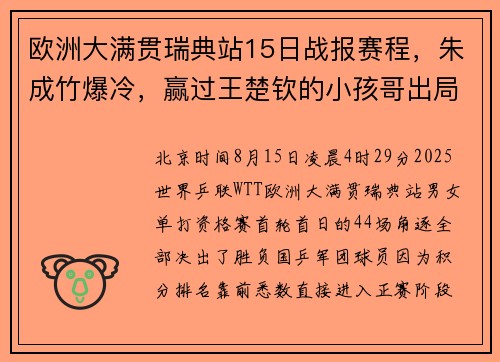 欧洲大满贯瑞典站15日战报赛程，朱成竹爆冷，赢过王楚钦的小孩哥出局